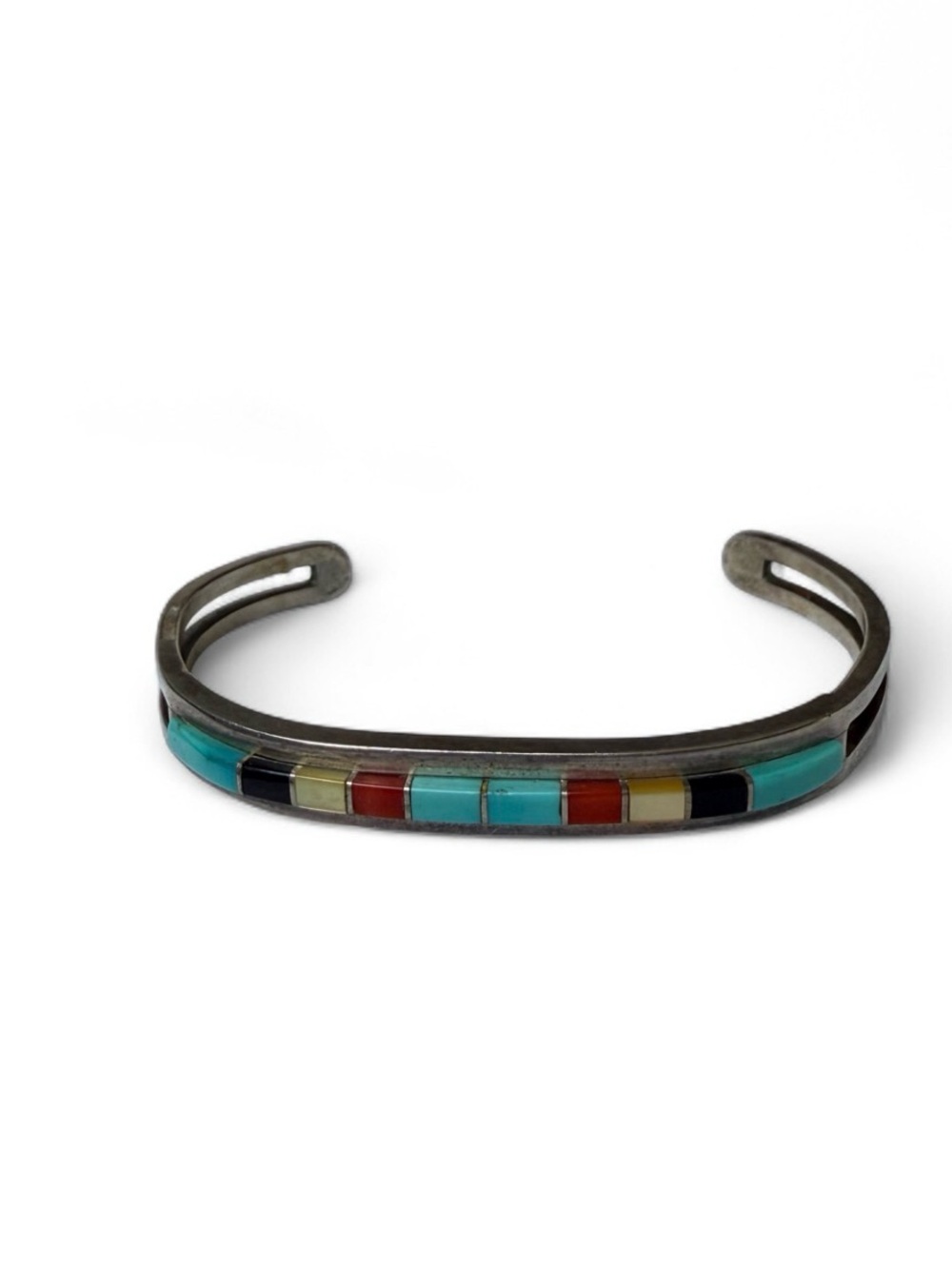 Vtg Zuni Turquoise Multi Stone Inlay Stacker Cuff Bracelet Sterling 5” PS signed